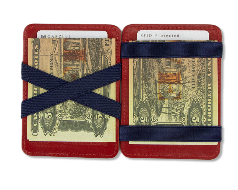 Open view of the Urban  Magic Wallet in Red-Blue with money.
