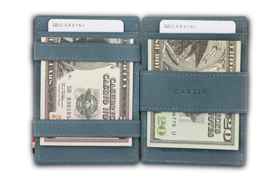 Open view of Essenziale Magic Wallet Vintage in Sapphire Blue with money inside.