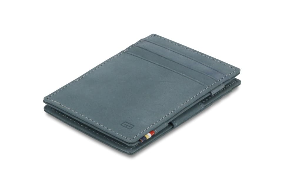 Front view of the Essenziale Magic Wallet Vintage in Sapphire Blue with 3 front card slots.