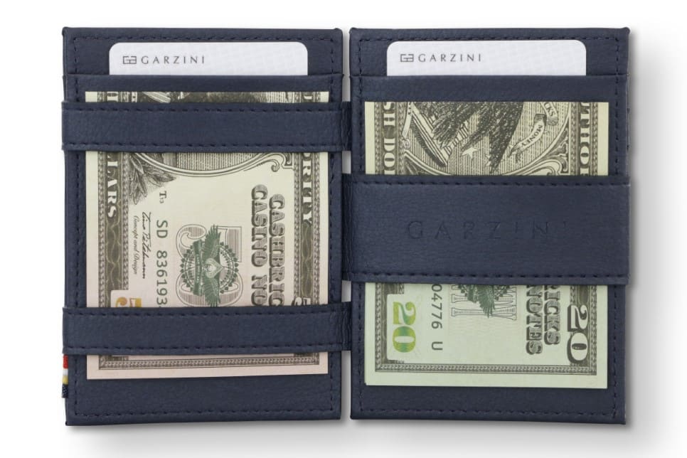 Open view of the Essenziale Magic Wallet ID Window Vegan in Cactus Blue with money inside.