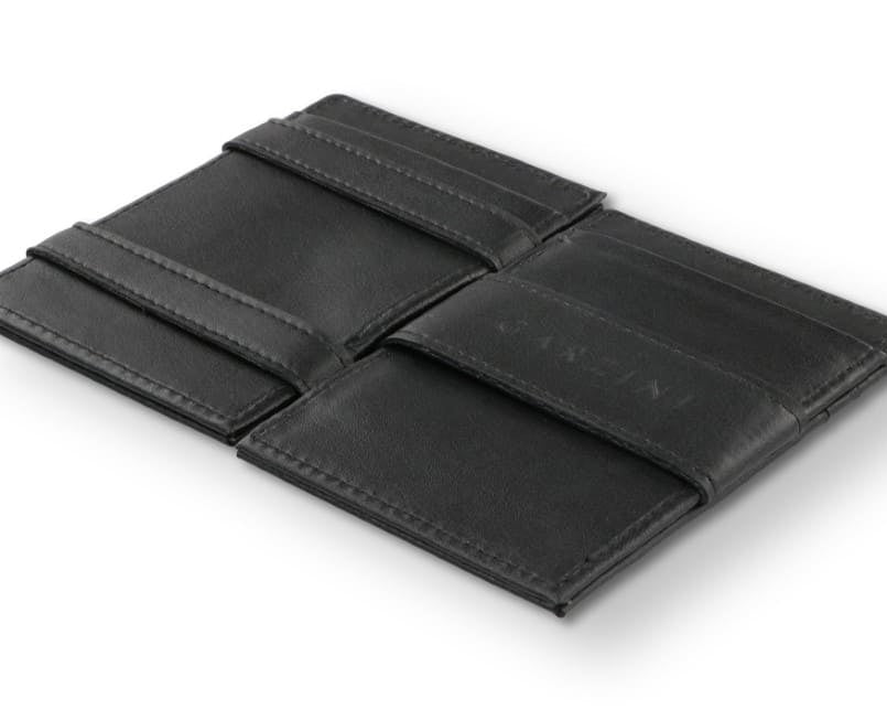 Open view of the Essenziale Magic Wallet ID Window Vegan in Cactus Black with the money strap to secure money.