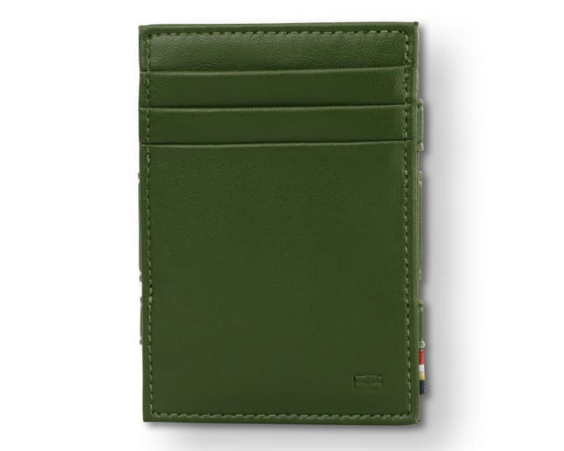 Front view of the Essenziale Magic Wallet ID Window Vegan in Cactus Green with 3 front card slots.