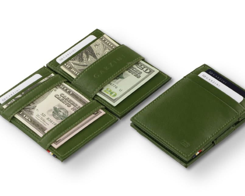 Front and open view of the Essenziale Magic Wallet ID Window Vegan in Cactus Green with pull tab, coin pocket, and money straps.