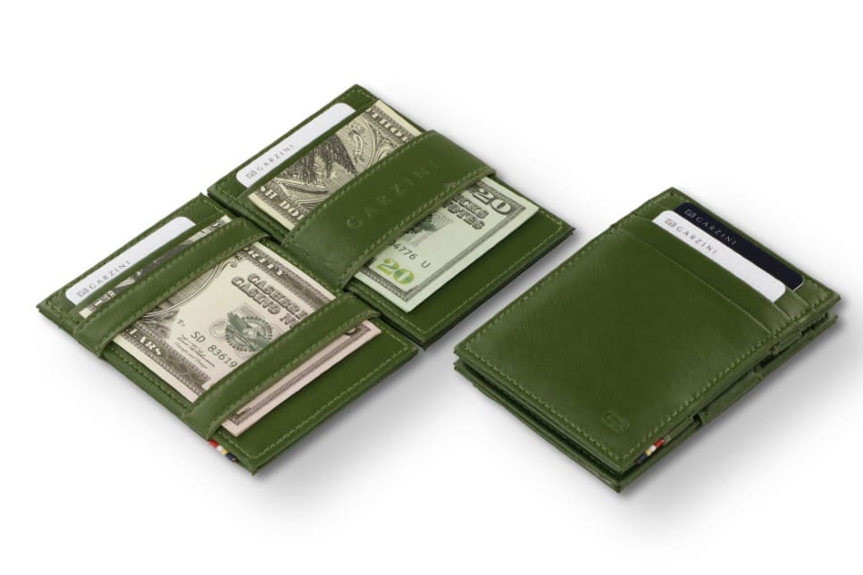 Front and open view of the Essenziale Magic Wallet ID Window Vegan in Cactus Green with pull tab, coin pocket, and money straps.