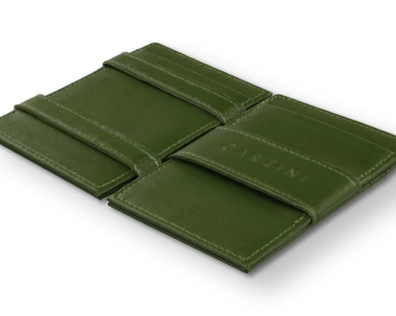 Open view of the Essenziale Magic Wallet ID Window Vegan in Cactus Green with the money strap to secure money.
