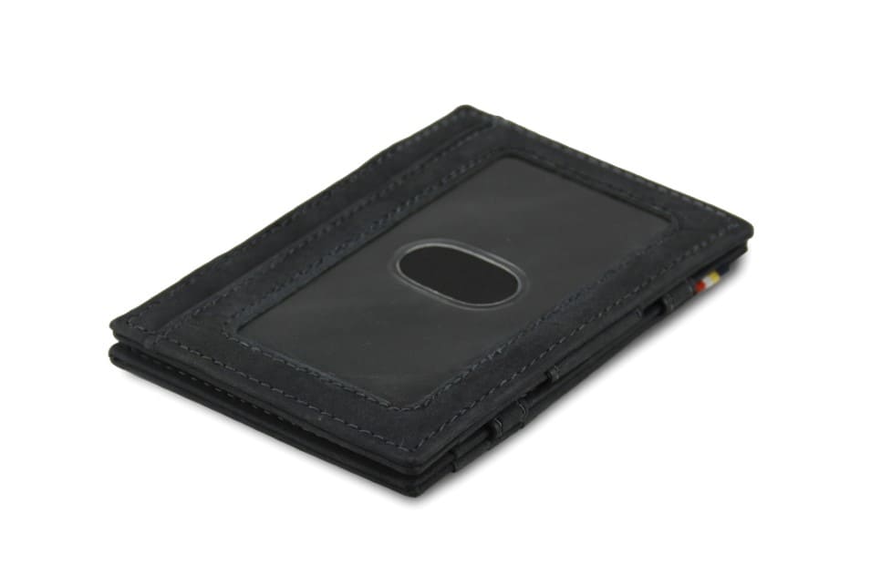 Back view of Essenziale Magic Wallet ID Window Vintage in Carbon Black with an ID window.