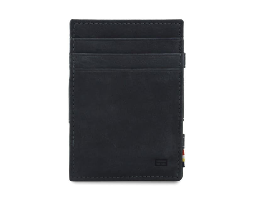Front view of the Essenziale Magic Wallet ID Window Vintage in Carbon Black with 3 front card slots.