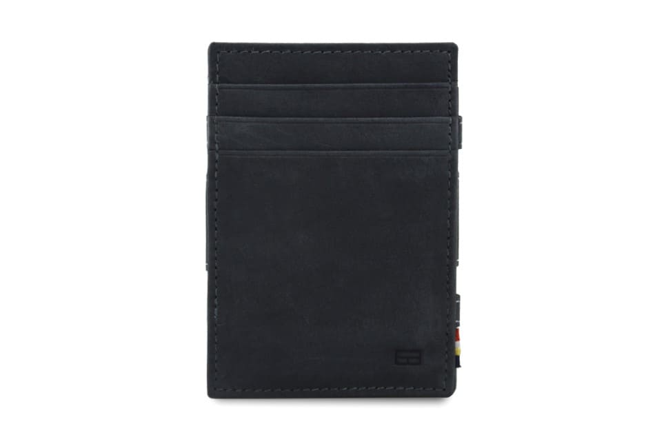 Front view of the Essenziale Magic Wallet ID Window Vintage in Carbon Black with 3 front card slots.