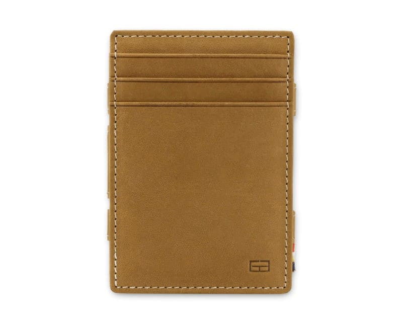 Front view of the Essenziale Magic Wallet ID Window Vintage in Camel Brown with 3 front card slots.