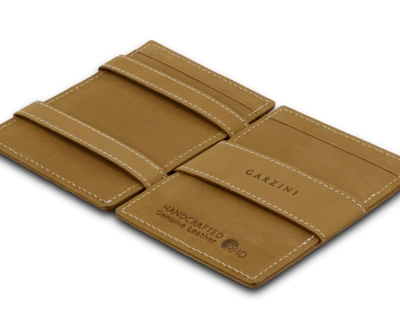 Open view of the Essenziale Magic Wallet ID Window Vintage in Camel Brown with the money strap to secure money.