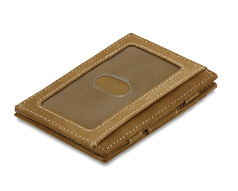 Back view of Essenziale Magic Wallet ID Window Vintage in Camel Brown with an ID window.