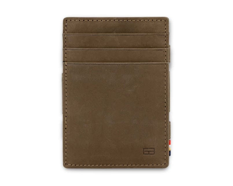 Front view of the Essenziale Magic Wallet ID Window Vintage in Java Brown with 3 front card slots.