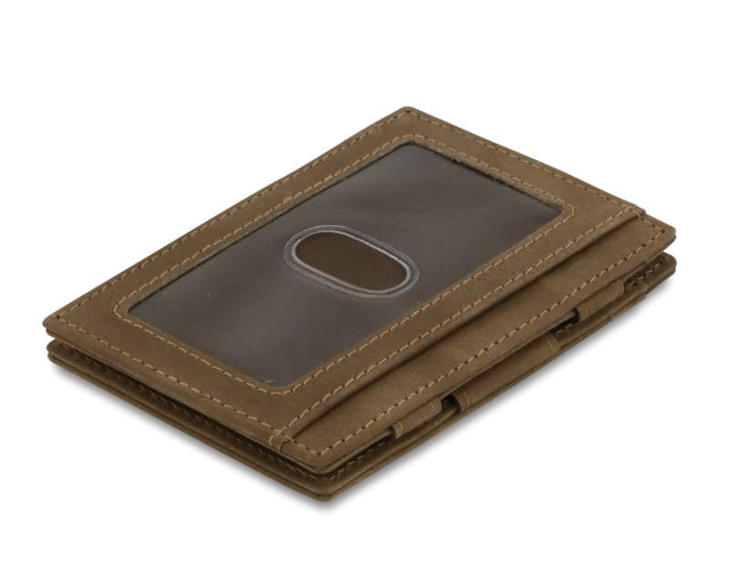 Back view of Essenziale Magic Wallet ID Window Vintage in Java Brown with an ID window.