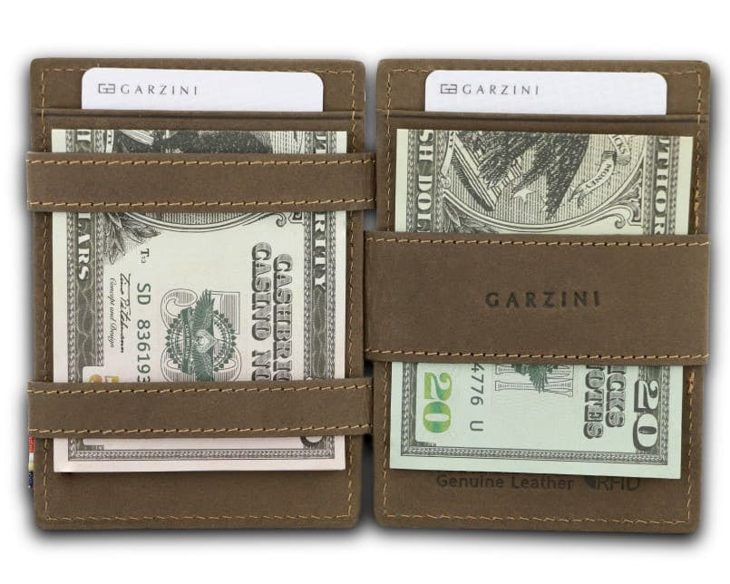 Open view of the Essenziale Magic Wallet ID Window Vintage in Java Brown with money inside.