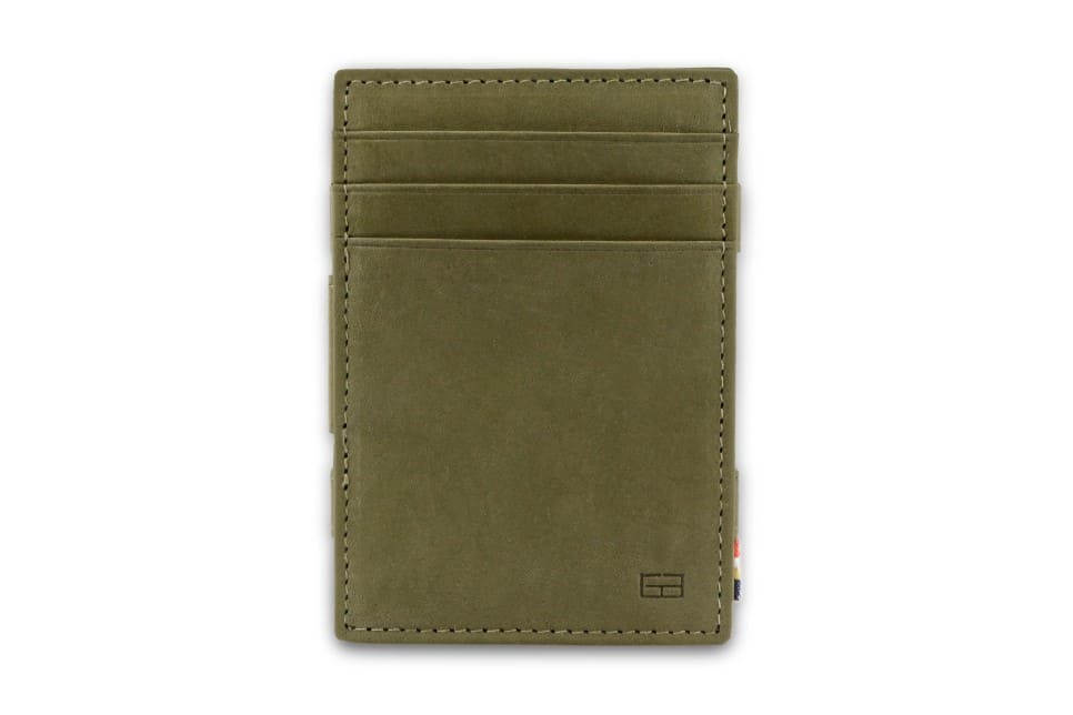 Front view of the Essenziale Magic Wallet ID Window Vintage in Olive Green with 3 front card slots.