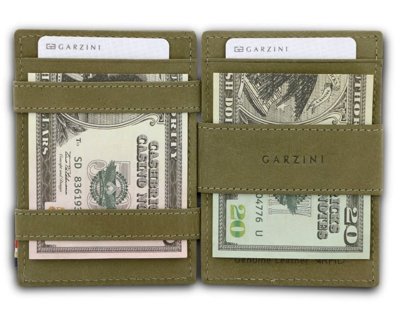 Open view of the Essenziale Magic Wallet ID Window Vintage in Olive Green with money inside.