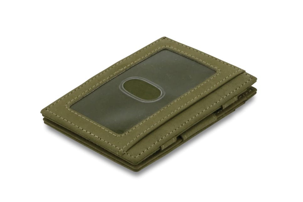 Back view of Essenziale Magic Wallet ID Window Vintage in Olive Green with an ID window.