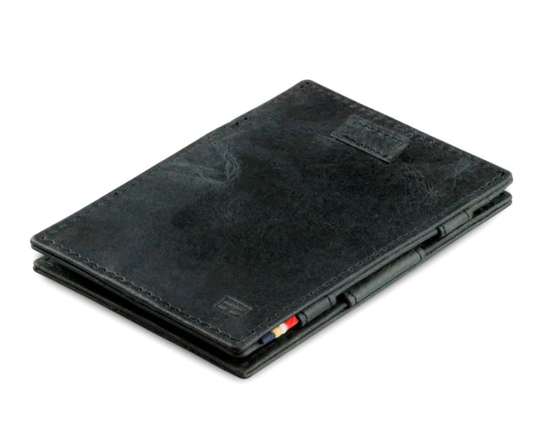 Front view of Cavare Magic Wallet Brushed in Brushed Black with pull tab.