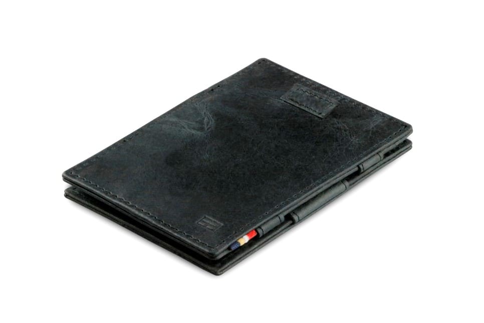 Front view of Cavare Magic Wallet Brushed in Brushed Black with pull tab.