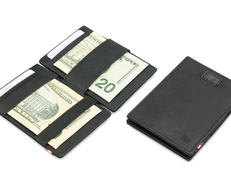 Front and open view of Cavare Magic Wallet in Brushed Black with pull tab, and money straps.