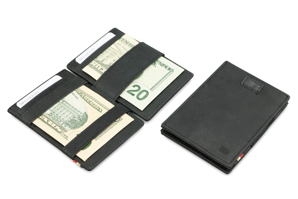 Front and open view of Cavare Magic Wallet in Brushed Black with pull tab, and money straps.