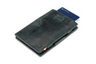 Front view of Cavare Magic Wallet Brushed in Brushed Black with pull tab and card pulling out.