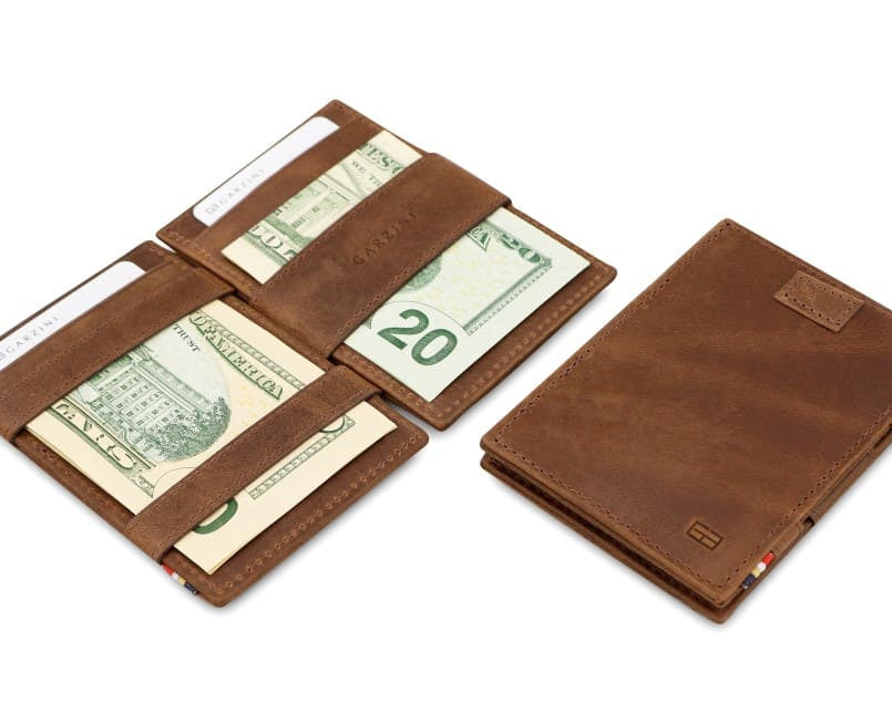 Front and open view of Cavare Magic Wallet in Brushed Brown with pull tab, and money straps.
