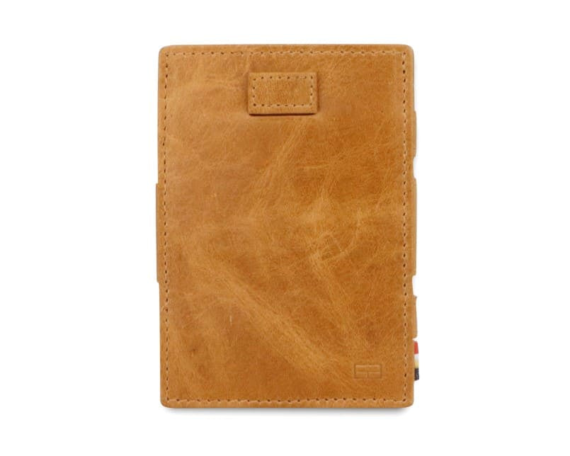 Front view of Cavare Magic Wallet Brushed in Brushed Cognac with pull tab.