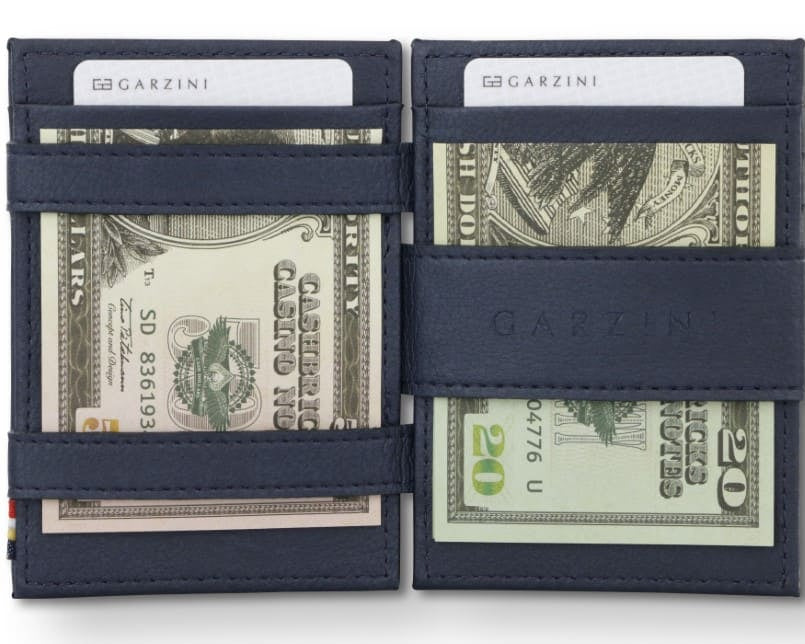Open view of the Cavare Magic Wallet Card Sleeve Cactus in Cactus Blue with money inside