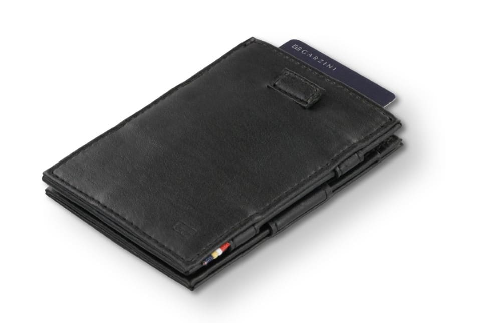 Front view of Cavare Magic Wallet Card Sleeve Cactus in Cactus Black with pull tab and card pulling out