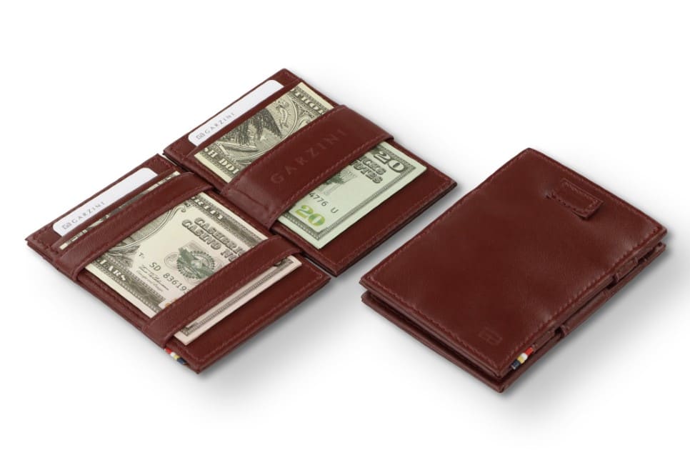 Open view of the Cavare Magic Wallet Card Sleeve Cactus in Cactus Burgundy with money inside and Front view of Cavare Magic Wallet Card Sleeve Cactus in Cactus Burgundy with pull tab.