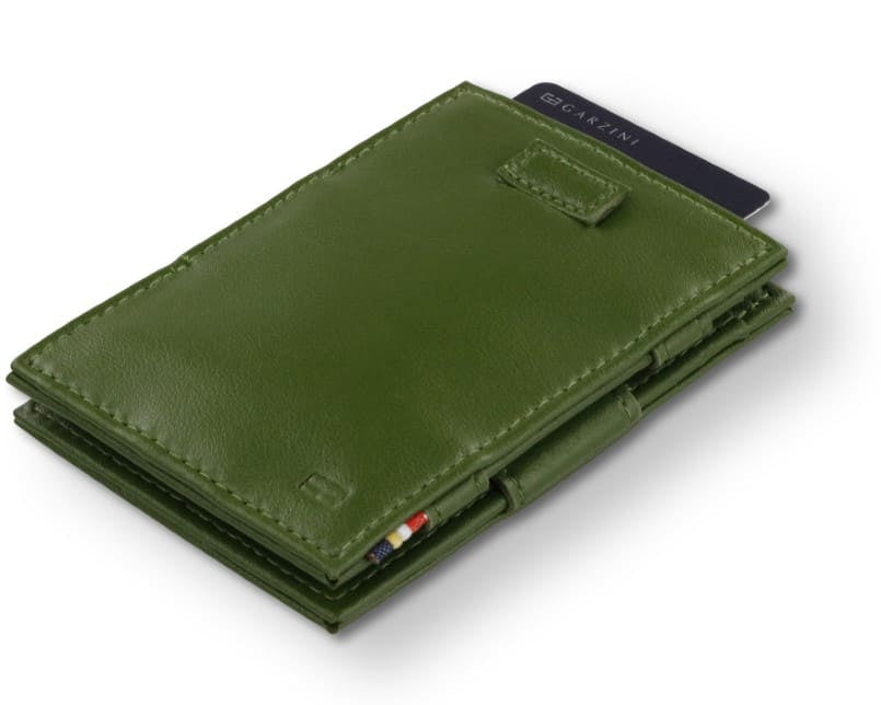 Front view of Cavare Magic Wallet Card Sleeve Cactus in Cactus Green with pull tab and card pulling out