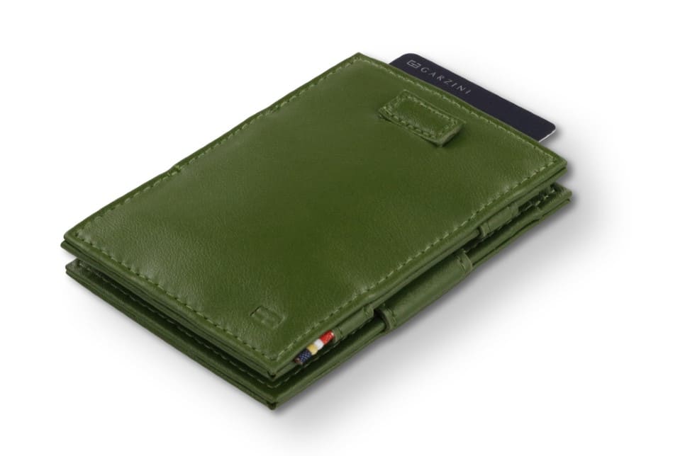 Front view of Cavare Magic Wallet Card Sleeve Cactus in Cactus Green with pull tab and card pulling out