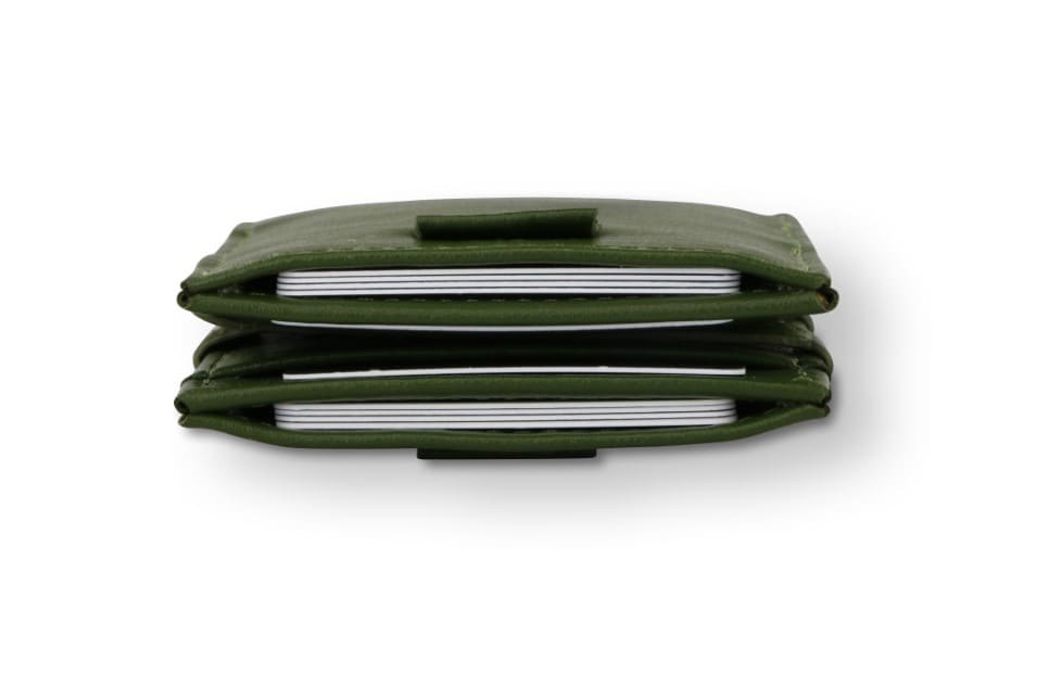 Top view of the Cavare Magic Wallet Card Sleeve Cactus in Cactus Green with cards inside.