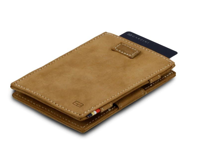 Front view of Cavare Magic Wallet Vintage in Olive Camel Brown with pull tab and card pulling out.