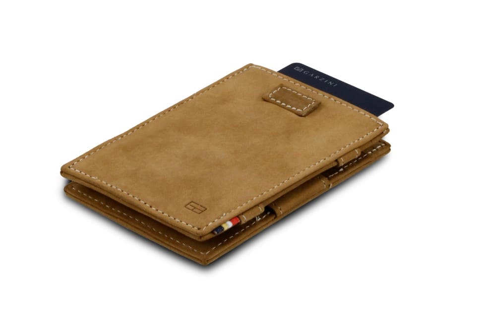 Front view of Cavare Magic Wallet Vintage in Olive Camel Brown with pull tab and card pulling out.