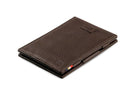 Front view of Cavare Magic Wallet Card Sleeve Nappa in Chocolate Brown with pull tab.