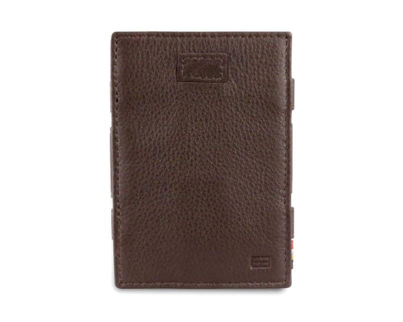 Front view of Cavare Magic Wallet Card Sleeve Nappa  in Chocolate Brown with pull tab.