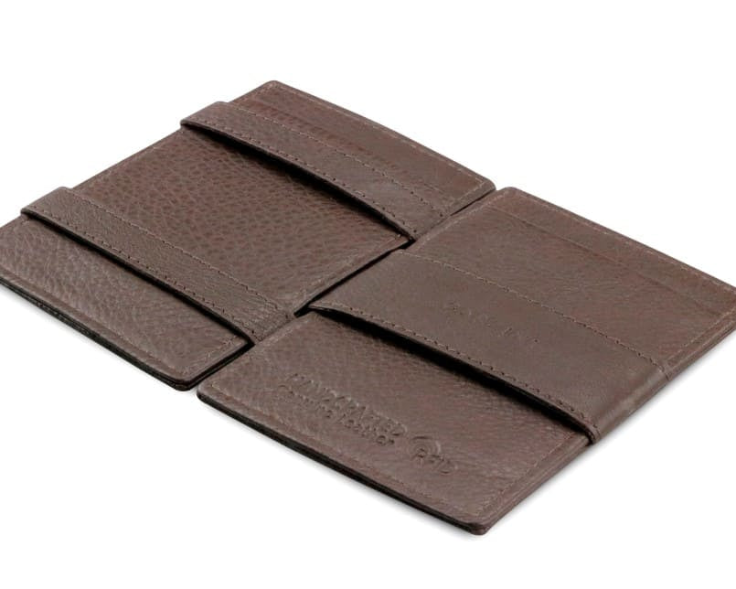 Open Cavare Magic Wallet Card Sleeve Nappa  in Chocolate Brown with pull tab, and money straps.