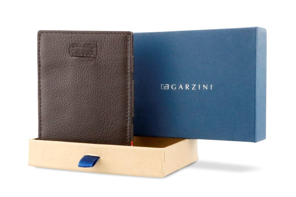 Half-open blue box with Garzini brand name Inside the box, the Garzini wallet is wrapped in tissue paper, placed in a light cardboard box with a blue strap.