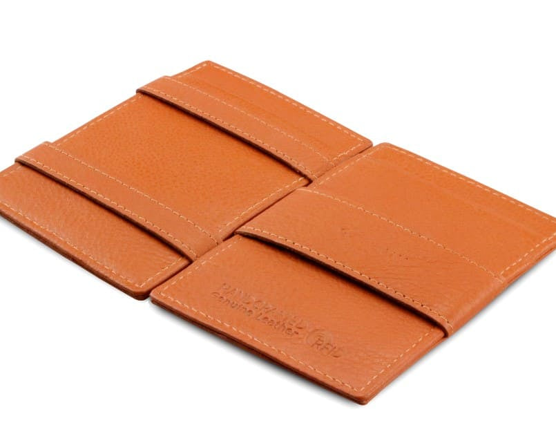 Open Cavare Magic Wallet Card Sleeve Nappa  in Cognac Brown with pull tab, and money straps.