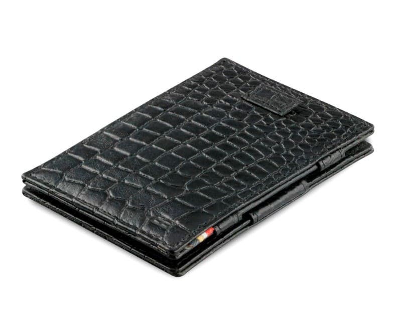 Front view of Cavare Magic Wallet Card Sleeve  in Croco Black with pull tab.