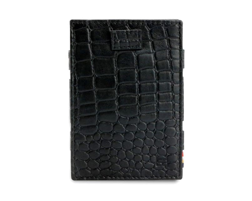 Front view of Cavare Magic Wallet Card Sleeve  in Croco Black with pull tab.