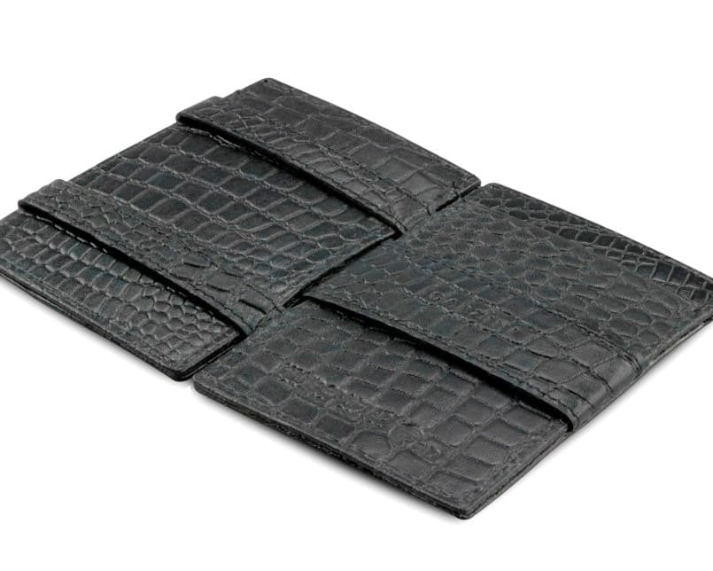 Open Cavare Magic Wallet Card Sleeve  in Croco Black with pull tab, and money straps.