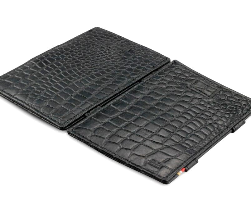 Front and back view of Cavare Magic Wallet Card Sleeve  in Croco Black.