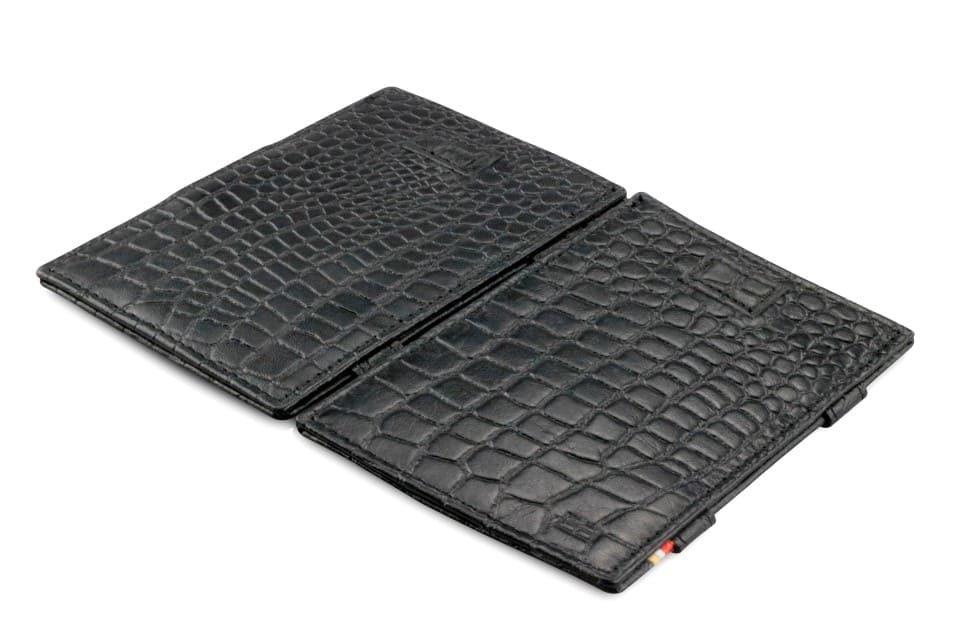 Front and back view of Cavare Magic Wallet Card Sleeve  in Croco Black.