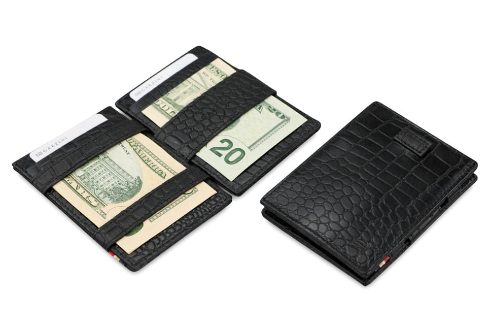 Front and open view of Cavare Magic Wallet Card Sleeve in Croco Black with pull tab, and money straps.