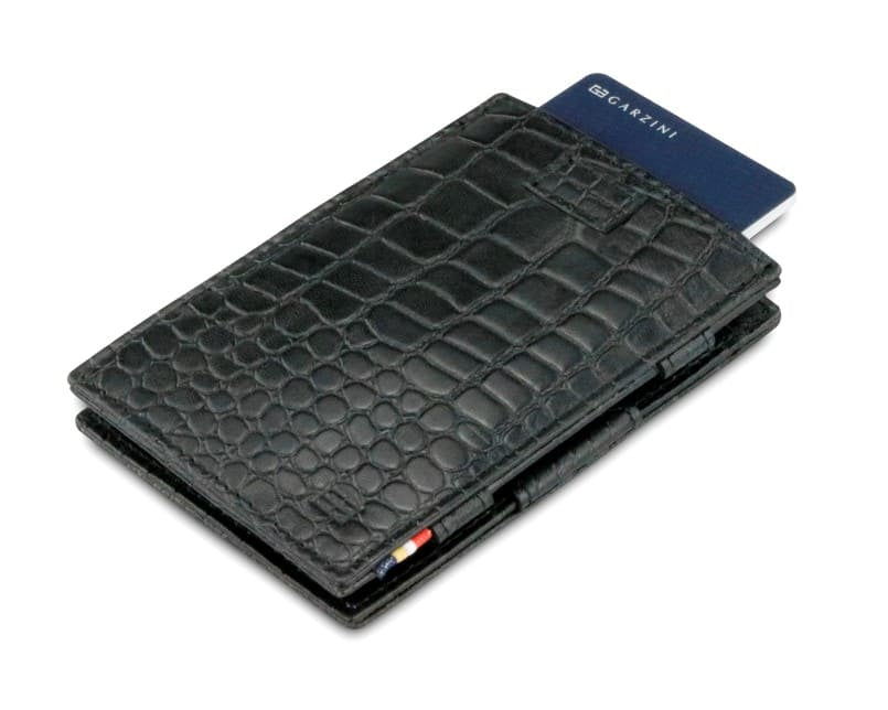 Front view of Cavare Magic Wallet Card Sleeve in Croco Black with pull tab and card pulling out.