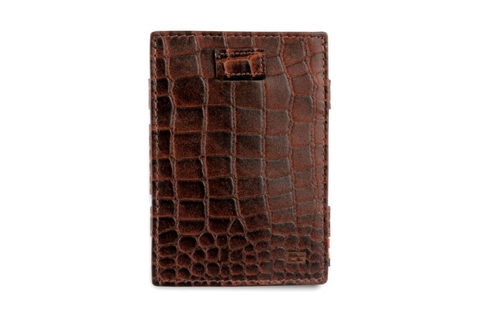 Front view of Cavare Magic Wallet Card Sleeve  in Croco Brown with pull tab.