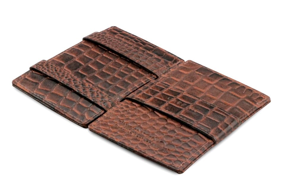 Open Cavare Magic Wallet Card Sleeve  in Croco Brown with pull tab, and money straps.